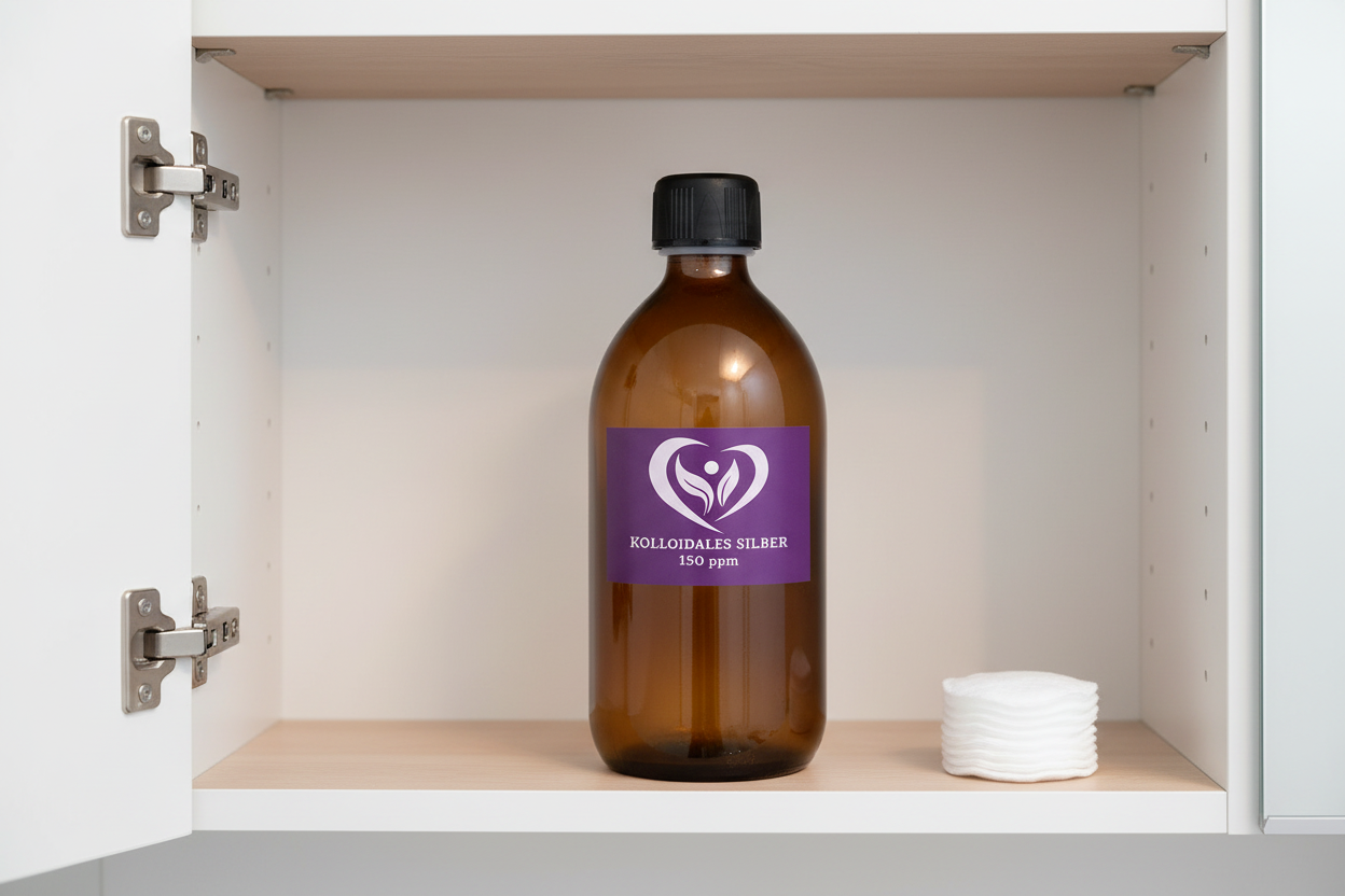 Kolloidales Silber 150 ppm in brauner Glasflasche in weißem Badschrank – klares Etikett, warmes Licht, minimalistisches Ambiente