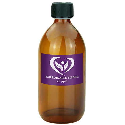 Kolloidales Silber 25 ppm kaufen – braune Glasflasche mit lila Etikett – frisch hergestellt
