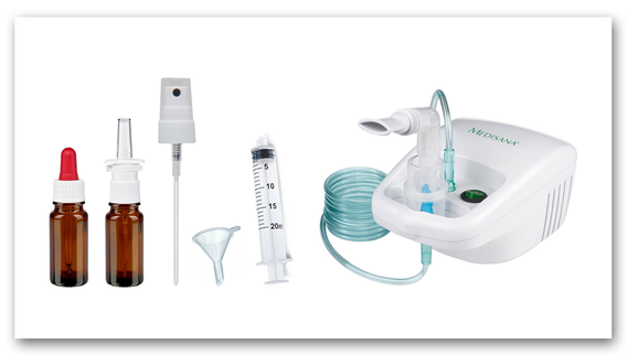 Das Zubehörsortiment, Kaltvernebler, Spritze, Trichter, Sprühkopf, Nasenspray, Pipettenfläschchen